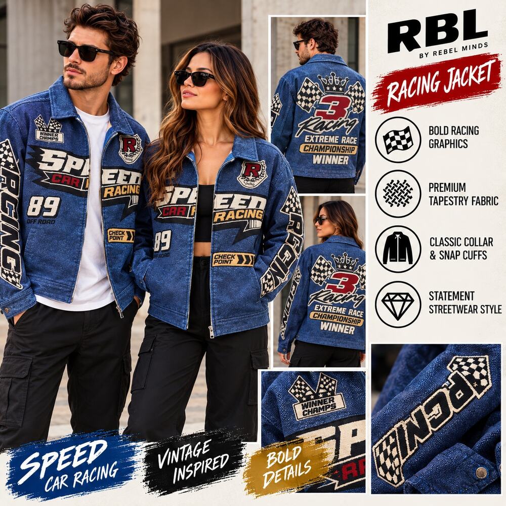 Rebel Minds Jacket Mens XL RBL Tapestry Racing Graphic Blue NWT As Is Zipper